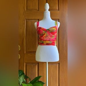 Zara BUSTIER top with floral print and ruched mesh fabric that has elasticity